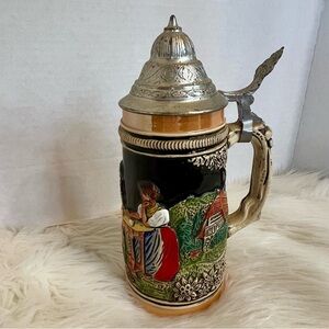 Vintage Lidded Germany‎ Egon Bay Handarbeit Beer Stein Pewter and Ceramic 9”